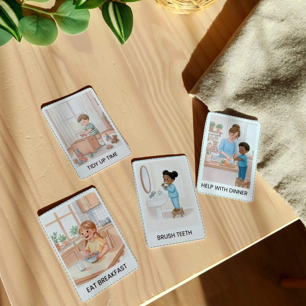 Printable daily routine cards for kids, cut out and arranged on a light wooden table with natural sunlight. Montessori visual schedule tool.