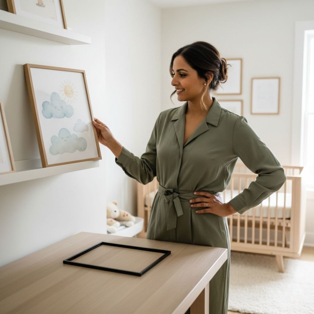A parent with creative control, choosing the best frame for their nursery art, reflecting their style.