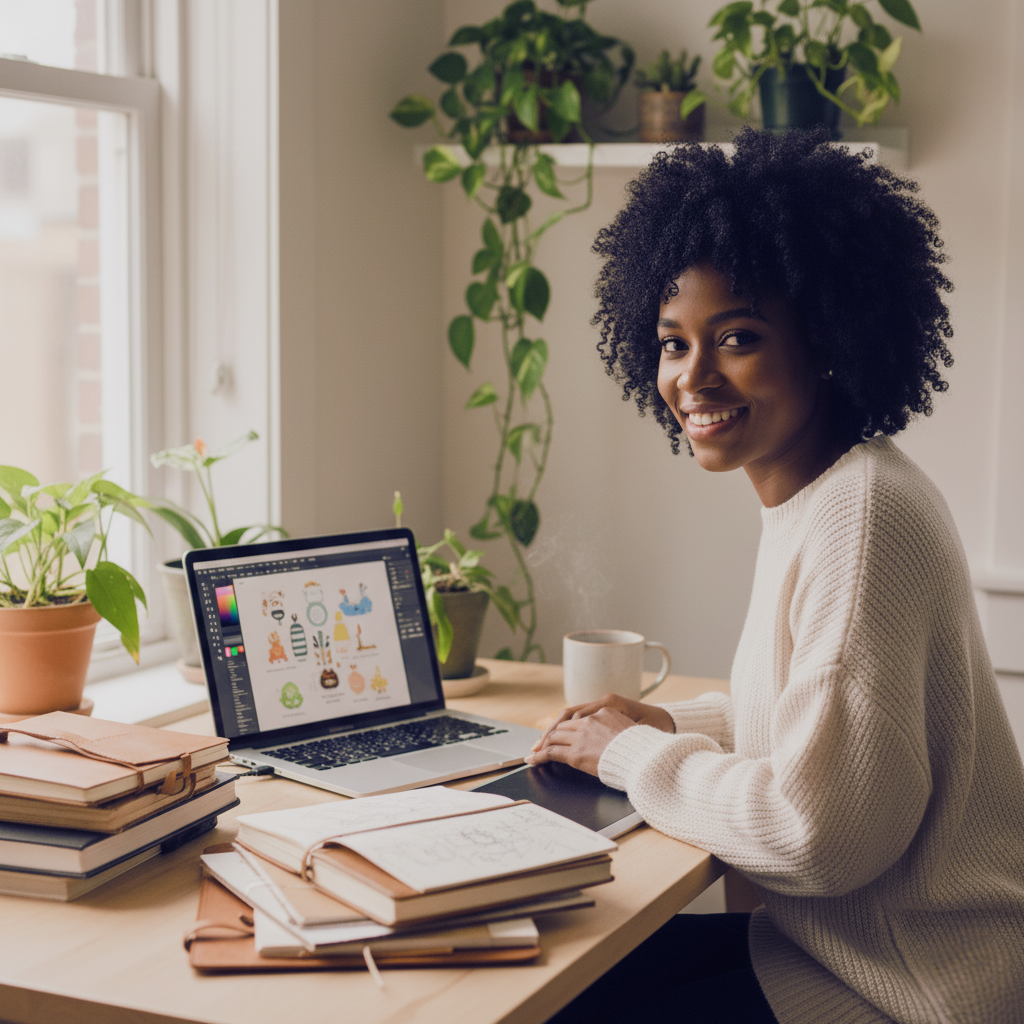 Laetitia, designer of MoodGraphique, working at her desk.