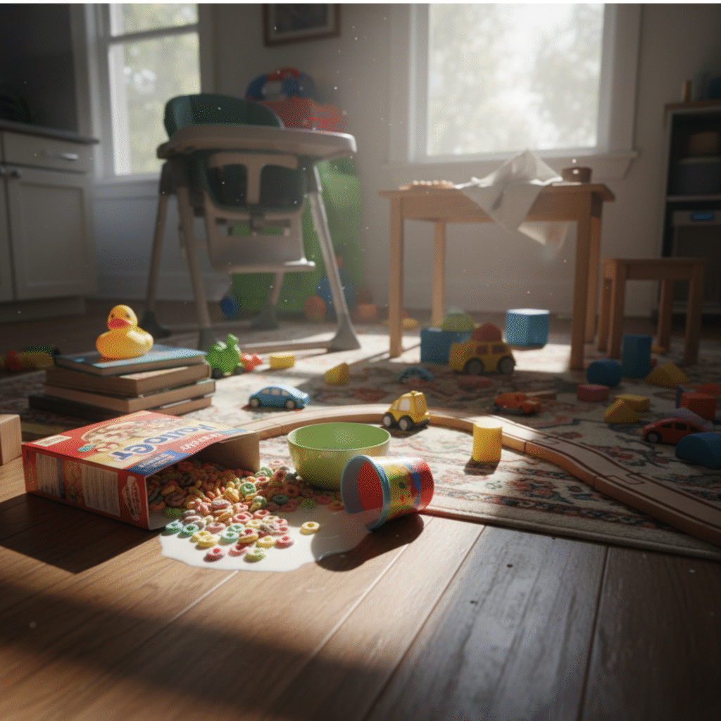 A stressed parent during a chaotic toddler morning routine, looking for a better system.