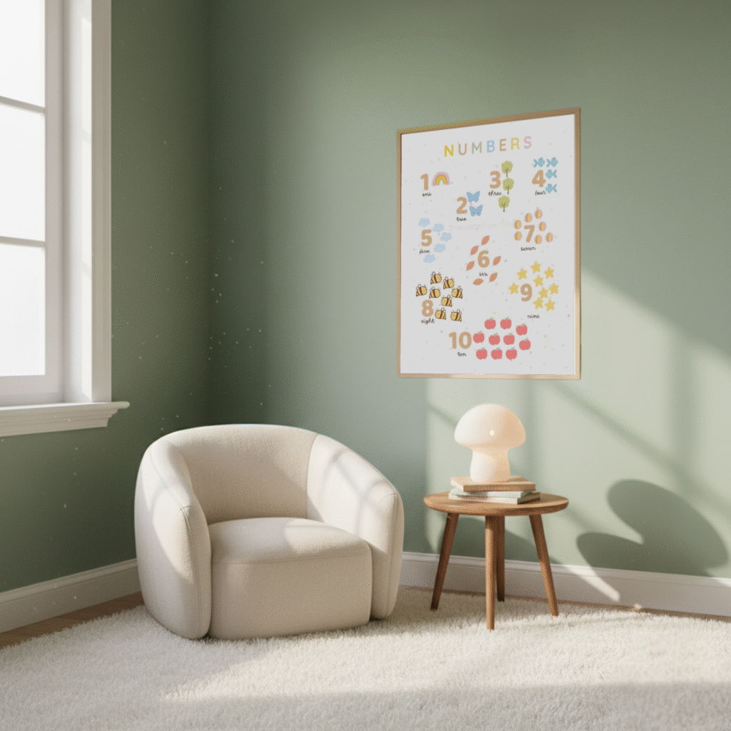 A calm toddler's room corner with a beige armchair and a MoodGraphique emotions poster on the wall, creating a serene, connected space.