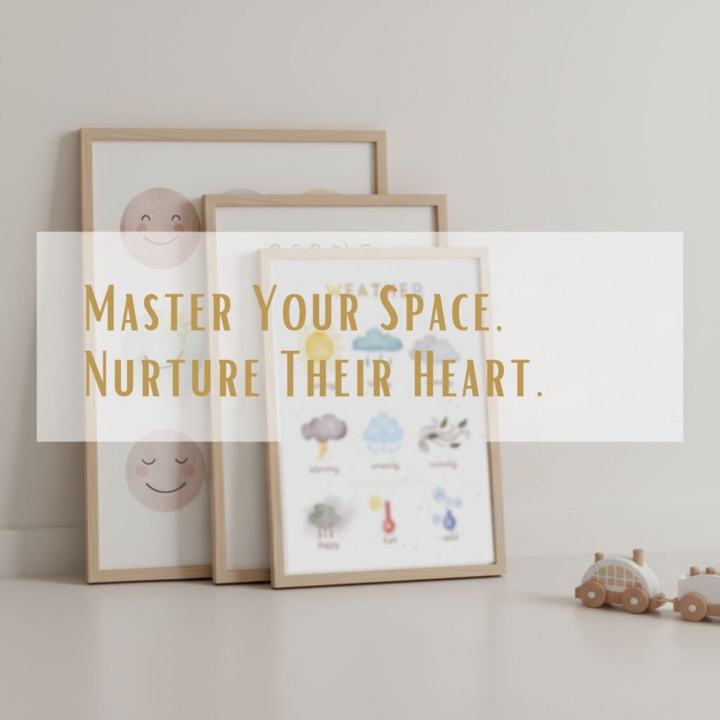 Collection of MoodGraphique educational and decorative wall art for a toddler's nursery, reflecting a parent's creative control and mastery.