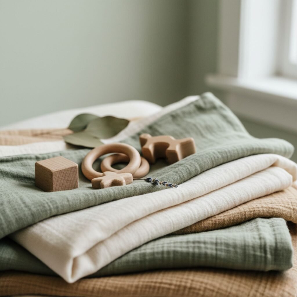Close-up of organic cotton and linen textiles and natural wood toys, emphasizing sustainable nursery ideas for sensory exploration.