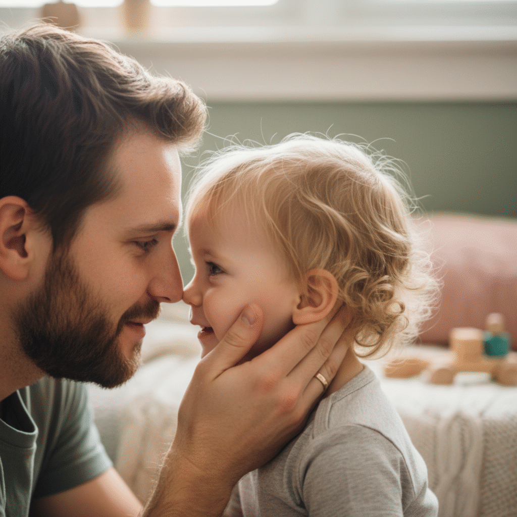 Close-up of a father and his toddler, nose-to-nose, sharing a gentle moment that nurtures the emotional conversation.