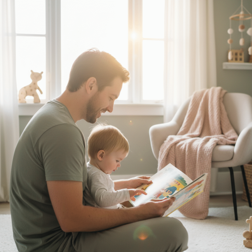 father and toddler reading, a moment of emotional intelligence toddlers build, in a serene nursery showing parental pride and connection.