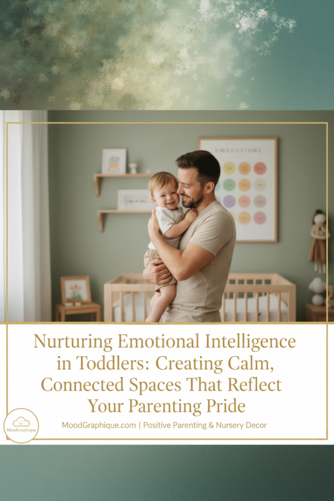 A Pinterest-optimized image for a blog post titled "Nurturing Emotional Intelligence in Toddlers." It shows a father and child reading in a calm, aesthetic nursery.