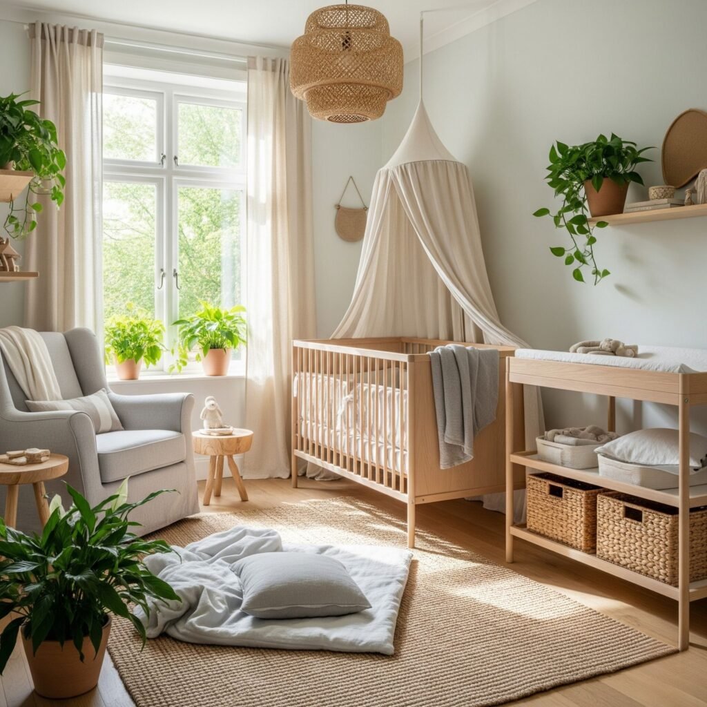 A beautiful eco-luxury nursery with natural wood furniture and soft light, showing sustainable nursery ideas.