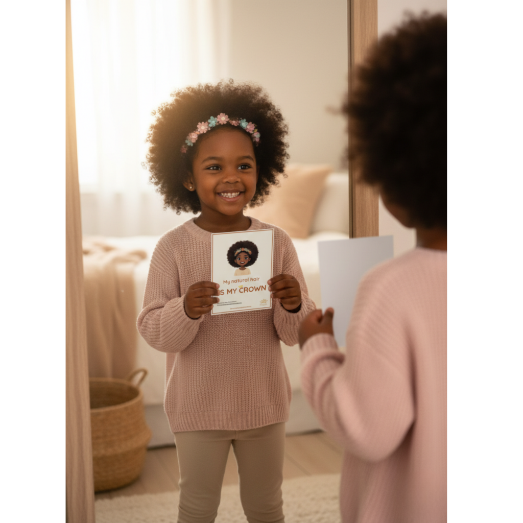 Black girl looking in mirror holding positive affirmation card for confidence - MoodGraphique Melanin