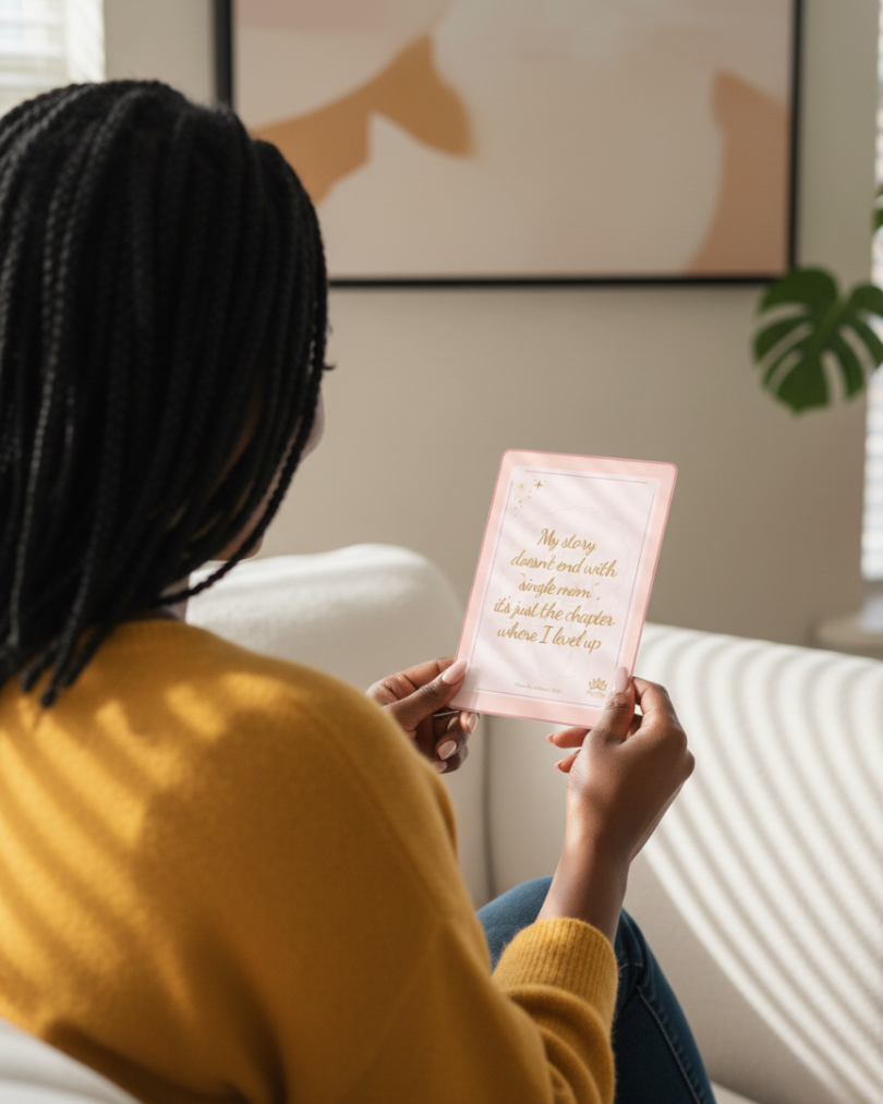 Black mother reading self-care affirmation card during morning routine