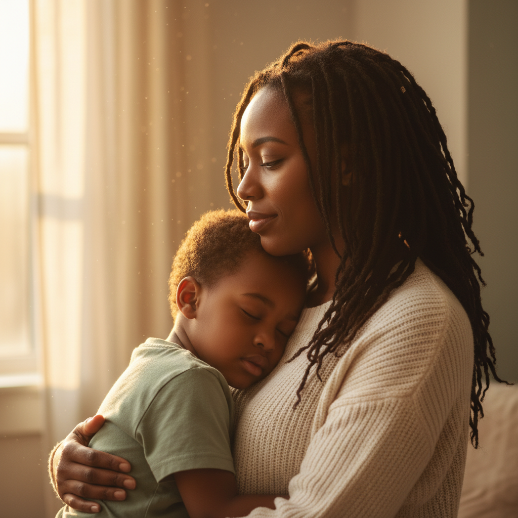 Black mother embracing sleeping child in peaceful moment - self-care and rest for exhausted mothers
