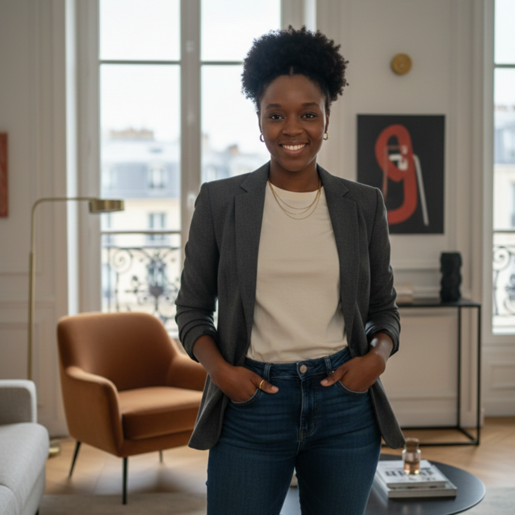 Smiling founder of MoodGraphique Melanin standing in a bright, modern office, wearing a grey blazer and gold jewelry, embodying the creative vision behind inclusive digital art for Black families.