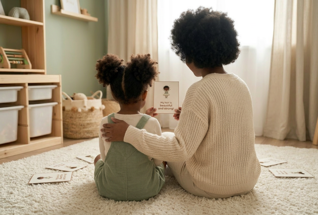 Black mother and daughter sitting on a bedroom rug reading printable hair affirmation cards together to build confidence during wash day routine.