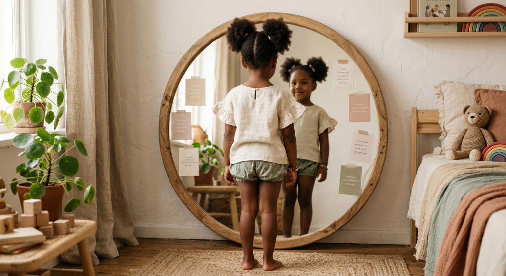 Black toddler girl looking at her reflection in a mirror with printable hair affirmation cards on the wall, building self-confidence during wash day.