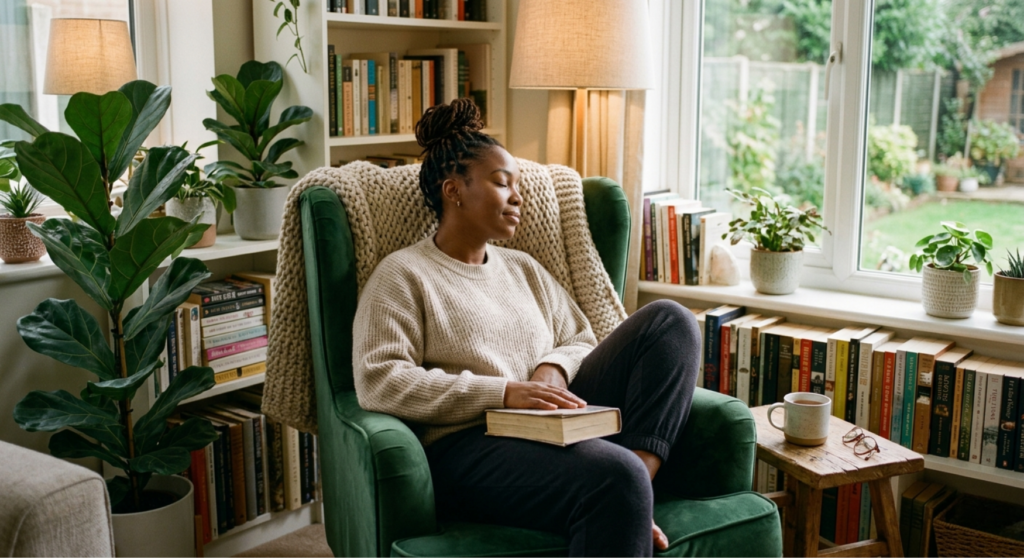 Serene Black woman sitting in a cozy green armchair, eyes closed enjoying a peaceful moment of rest in her reading nook with a book and tea, illustrating self-care for Black moms